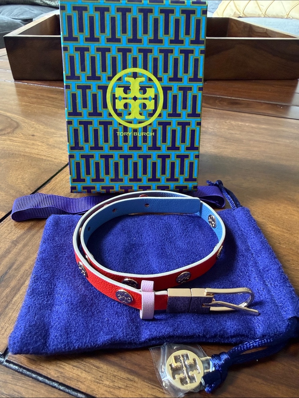 Tory Burch Reversible Double Wrap Leather Logo Stud Bracelet Orange Blue w/ Box
